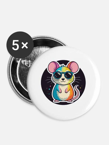 Regenbogen-Maus-Brille - Buttons groß 56 mm (5er Pack) - Weiß