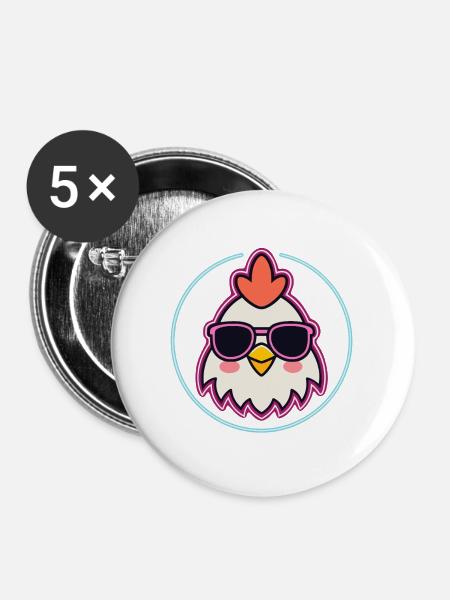Hahn mit neonrosa Brille - Buttons groß 56 mm (5er Pack) - Weiß