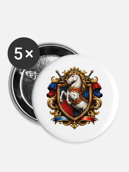 Pferd Wappen im Goldrahmen - Buttons groß 56 mm (5er Pack) - Weiß
