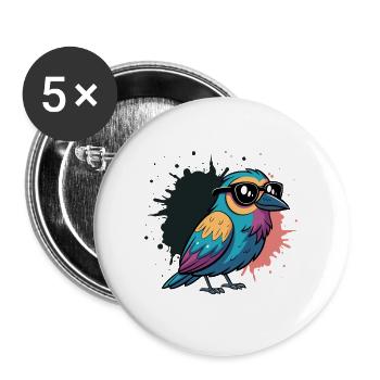 Farbenfroher Vogel-Cartoon mit Brille - Buttons groß 56 mm (5er Pack) - Weiß - Vorne