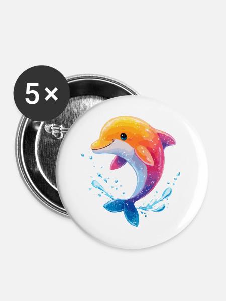 Farbiger Delfin Spritz - Buttons groß 56 mm (5er Pack) - Weiß