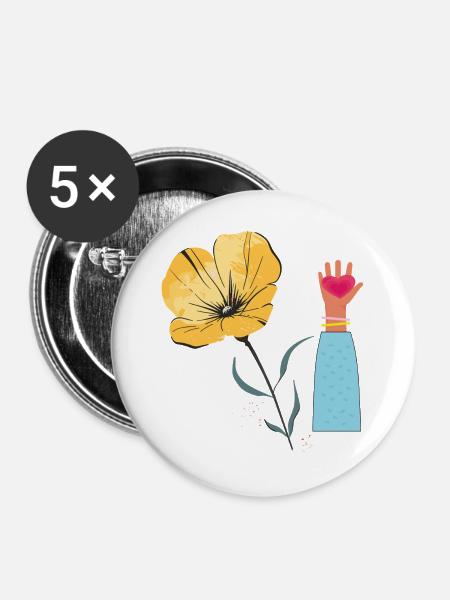 Blume Hand Herz  - Buttons groß 56 mm (5er Pack) - Weiß