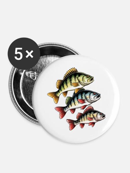 Barsch Angeln - Buttons groß 56 mm (5er Pack) - Weiß