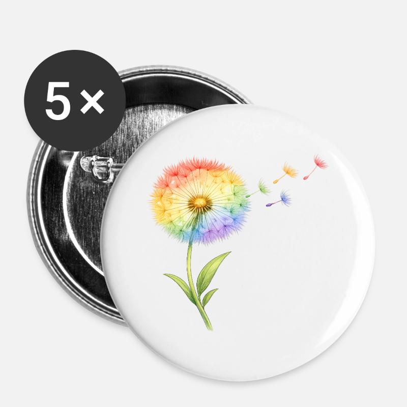 Regenbogen Pusteblume - Buttons groß 56 mm (5er Pack) - Weiß