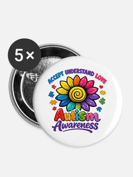 Autismus-Bewusstsein-Sonnenblume - Buttons groß 56 mm (5er Pack) - Weiß