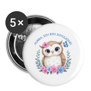 Schulstart Eulenmotiv mit Blumen - Buttons groß 56 mm (5er Pack) - Weiß - Vorne