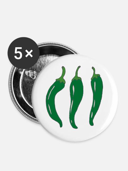Drei Grüne Chilischoten - Buttons groß 56 mm (5er Pack) - Weiß