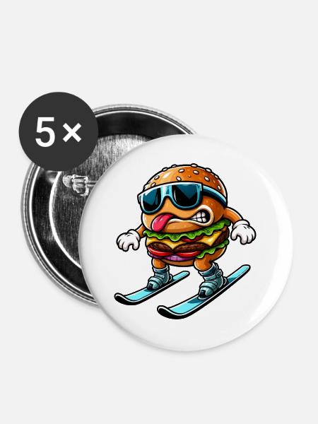 Lustiger Skifahrer mit Cheeseburger Comic - Buttons groß 56 mm (5er Pack) - Weiß