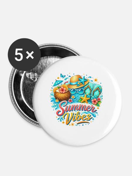 Sommer Vibes: Strandglück & Tropenfarben - Buttons groß 56 mm (5er Pack) - Weiß