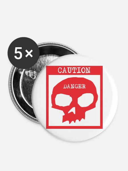 Caution Danger Totenkopf Warnschild - Buttons groß 56 mm (5er Pack) - Weiß