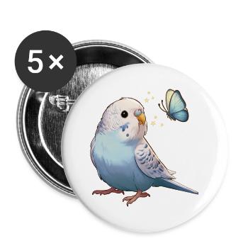 Wellensittich mit Schmetterling - Buttons groß 56 mm (5er Pack) - Weiß - Vorne