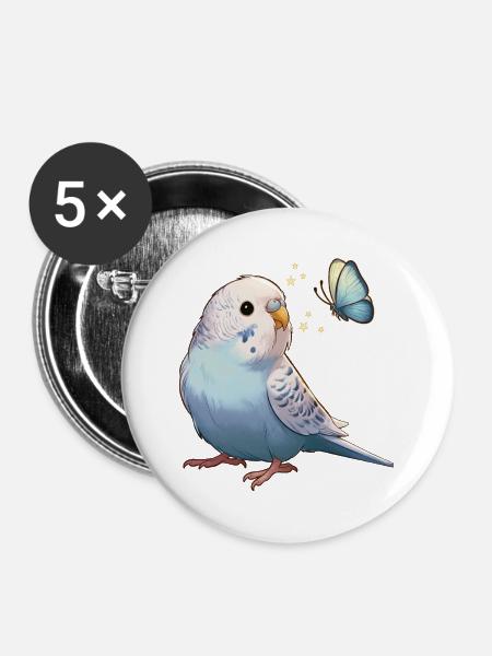 Wellensittich mit Schmetterling - Buttons groß 56 mm (5er Pack) - Weiß