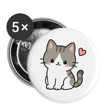 Süßes Kawaii-Kätzchen mit rosa Herz - Buttons groß 56 mm (5er Pack) - Weiß - Vorne