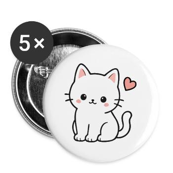Cute White Kawaii Cat With Heart - Buttons large 2.2''/56 mm (5-pack) - white - Front