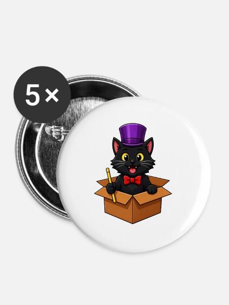 Zauberer-Katzen-Pappschachtel-Trick - Buttons groß 56 mm (5er Pack) - Weiß