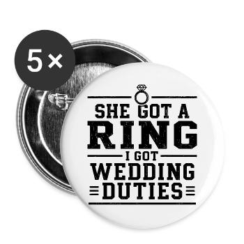 Humor-Ehering und Bräutigam-Aufgaben - Buttons groß 56 mm (5er Pack) - Weiß - Vorne