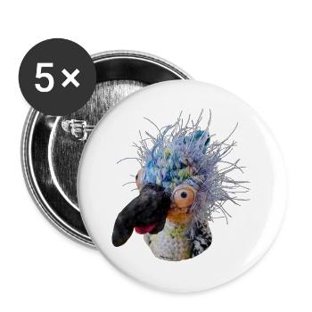 Kurioser Kultvogel Krallo Kreisch™ by Syl Varya - Buttons groß 56 mm (5er Pack) - Weiß - Vorne