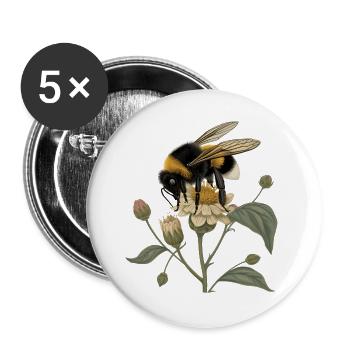 Hummel auf Blüte – Botanisches Vintage Motiv - Buttons groß 56 mm (5er Pack) - Weiß - Vorne