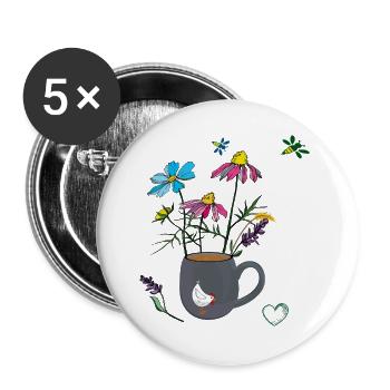 Blumen in einem Becher mit Huhn - Buttons groß 56 mm (5er Pack) - Weiß - Vorne