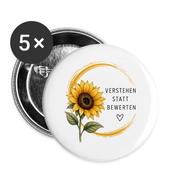 Verstehen statt bewerten – Sonnenblume Awareness - Buttons groß 56 mm (5er Pack) - Weiß - Vorne