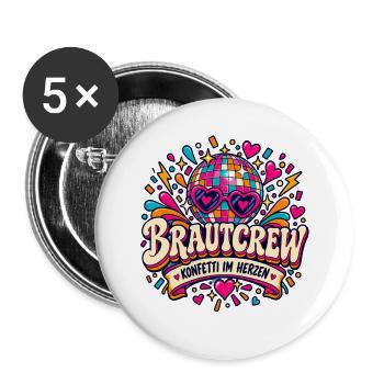 Brautcrew – Konfetti im Herzen - Buttons groß 56 mm (5er Pack) - Weiß - Vorne