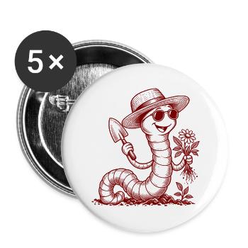 Garten Regenwurm mit Schaufel – Vintage - Buttons groß 56 mm (5er Pack) - Weiß - Vorne
