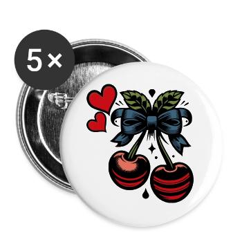 Kirsch-Duo mit Schleife Retro-Pop-Art - Buttons groß 56 mm (5er Pack) - Weiß - Vorne