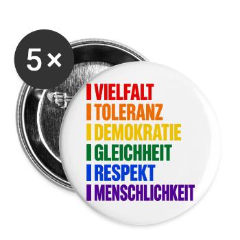 Vielfalt und Toleranz – Werte in Regenbogenfarben - Buttons groß 56 mm (5er Pack) - Weiß - Vorne