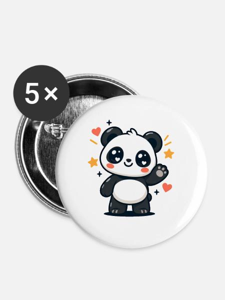 Panda kawaii winkt mit Sternen - Buttons groß 56 mm (5er Pack) - Weiß