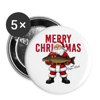Merry Christmas Petri Heil Weihnachtsmann Karpfen - Buttons groß 56 mm (5er Pack) - Weiß - Vorne
