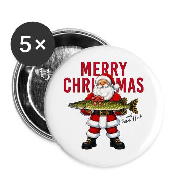 Merry Christmas Petri Heil Weihnachtsmann Hecht - Buttons groß 56 mm (5er Pack) - Weiß - Vorne