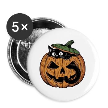 Schwarze Katze im Kürbis - Buttons groß 56 mm (5er Pack) - Weiß - Vorne