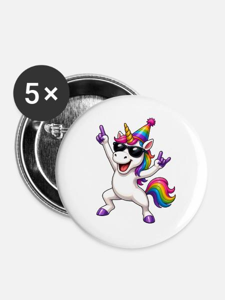Regenbogen-Einhorn Partylook - Buttons groß 56 mm (5er Pack) - Weiß