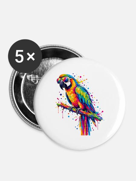 Regenbogenpapagei mit Sonnenbrille - Buttons groß 56 mm (5er Pack) - Weiß