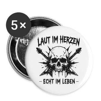 Laut im Herzen Skulls Gitarre - Buttons groß 56 mm (5er Pack) - Weiß - Vorne