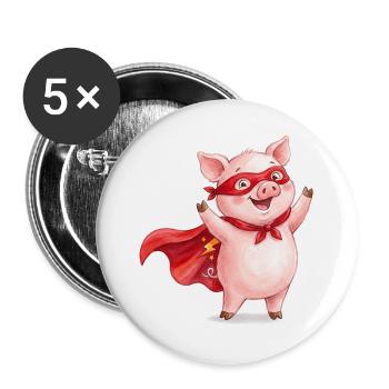 Heldenschwein mit Cape und roter Maske - Buttons groß 56 mm (5er Pack) - Weiß - Vorne