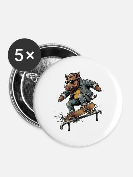 Skater Wildschwein - Buttons groß 56 mm (5er Pack) - Weiß