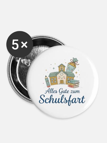 Schulstart Glücksillustration - Buttons groß 56 mm (5er Pack) - Weiß
