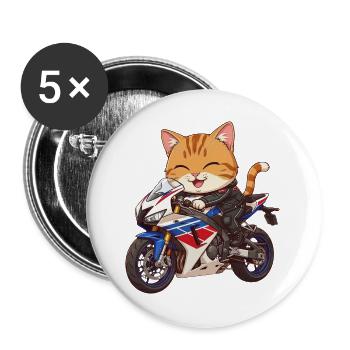 Katze auf Bike auf Motorrad  - Buttons groß 56 mm (5er Pack) - Weiß - Vorne