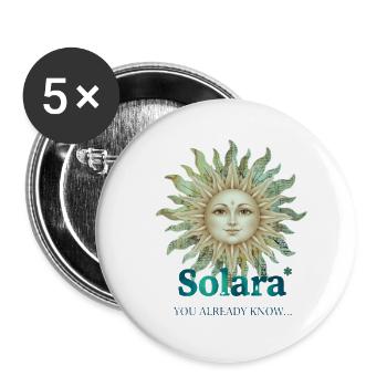 Solara Sun mit Vintage-Schrift - Buttons groß 56 mm (5er Pack) - Weiß - Vorne