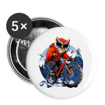 Eulen Mountainbiker / Bike Eule - Buttons groß 56 mm (5er Pack) - Weiß - Vorne