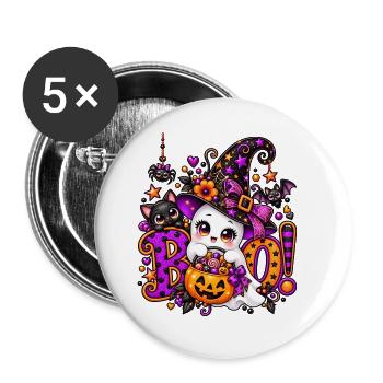 Süße Halloween-Hexe mit Kürbiskorb - Buttons groß 56 mm (5er Pack) - Weiß - Vorne