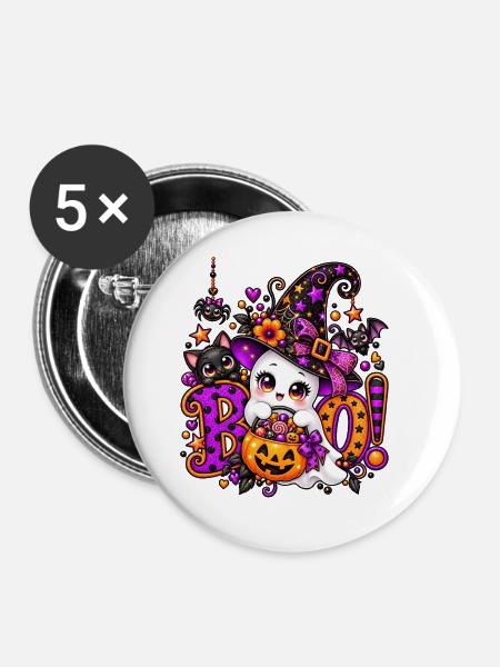 Süße Halloween-Hexe mit Kürbiskorb - Buttons groß 56 mm (5er Pack) - Weiß