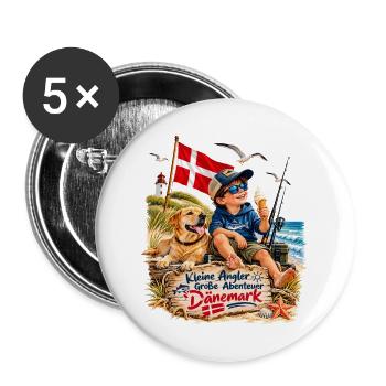 Kleine Angler Große Abenteuer Dänemark - Buttons groß 56 mm (5er Pack) - Weiß - Vorne