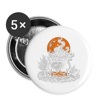 Der Hexenkessel mit Kräutern und Rabenfedern - Buttons groß 56 mm (5er Pack) - Weiß - Vorne