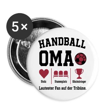 Fan Oma Handball – Stammplatz auf der Tribüne - Buttons groß 56 mm (5er Pack) - Weiß - Vorne
