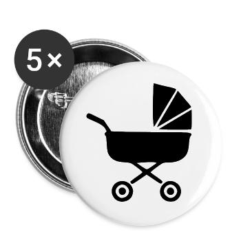 Schwarzer Kinderwagen Baby Geburt Geschenk  - Buttons groß 56 mm (5er Pack) - Weiß - Vorne