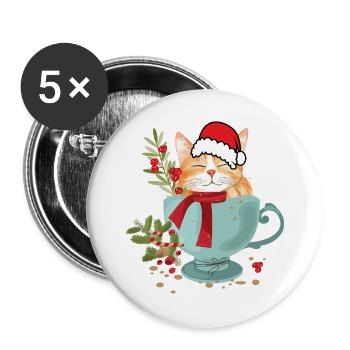 Katze mit Weihnachtsmütze  - Buttons groß 56 mm (5er Pack) - Weiß - Vorne