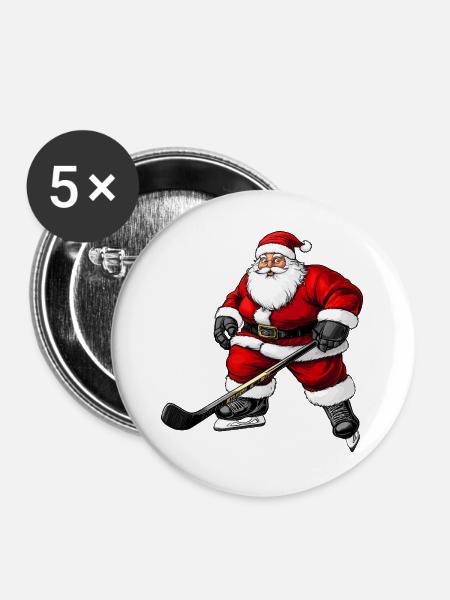 Dicker Eishockey Weihnachtsmann - Buttons groß 56 mm (5er Pack) - Weiß