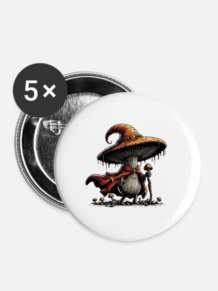 Pilz Zauberer mit Umhang - Buttons groß 56 mm (5er Pack) - Weiß
